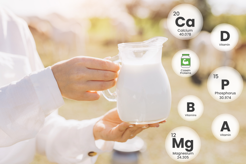 Milk with vitamins in woman hand